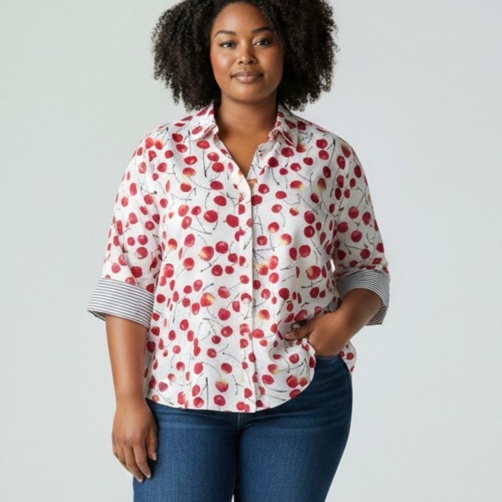 Foxcroft Mary Sweet Cherries Wrinkle Free Button Up Shirt 20W 3/4 Sleeves NWT - Picture 3 of 13